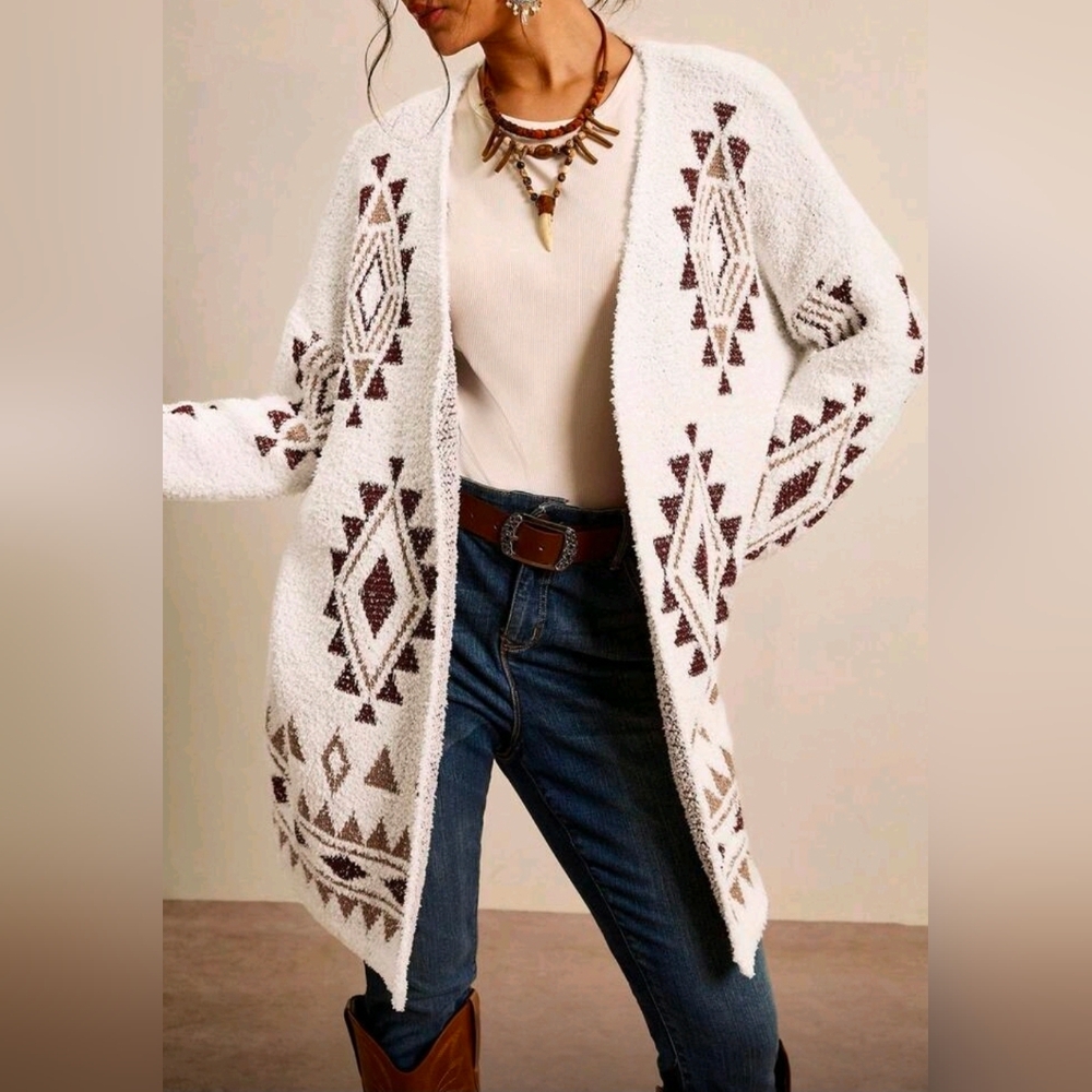 New Boho Knit Open Front Cardigan Sweater White Brown